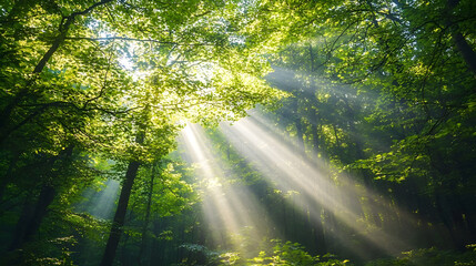 Obraz premium Dappled sunlight shining through lush green forest canopy nature wallpaper peaceful environment ethereal viewpoint