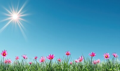 Obraz premium Pink flowers under sunny blue sky, ideal for spring backgrounds