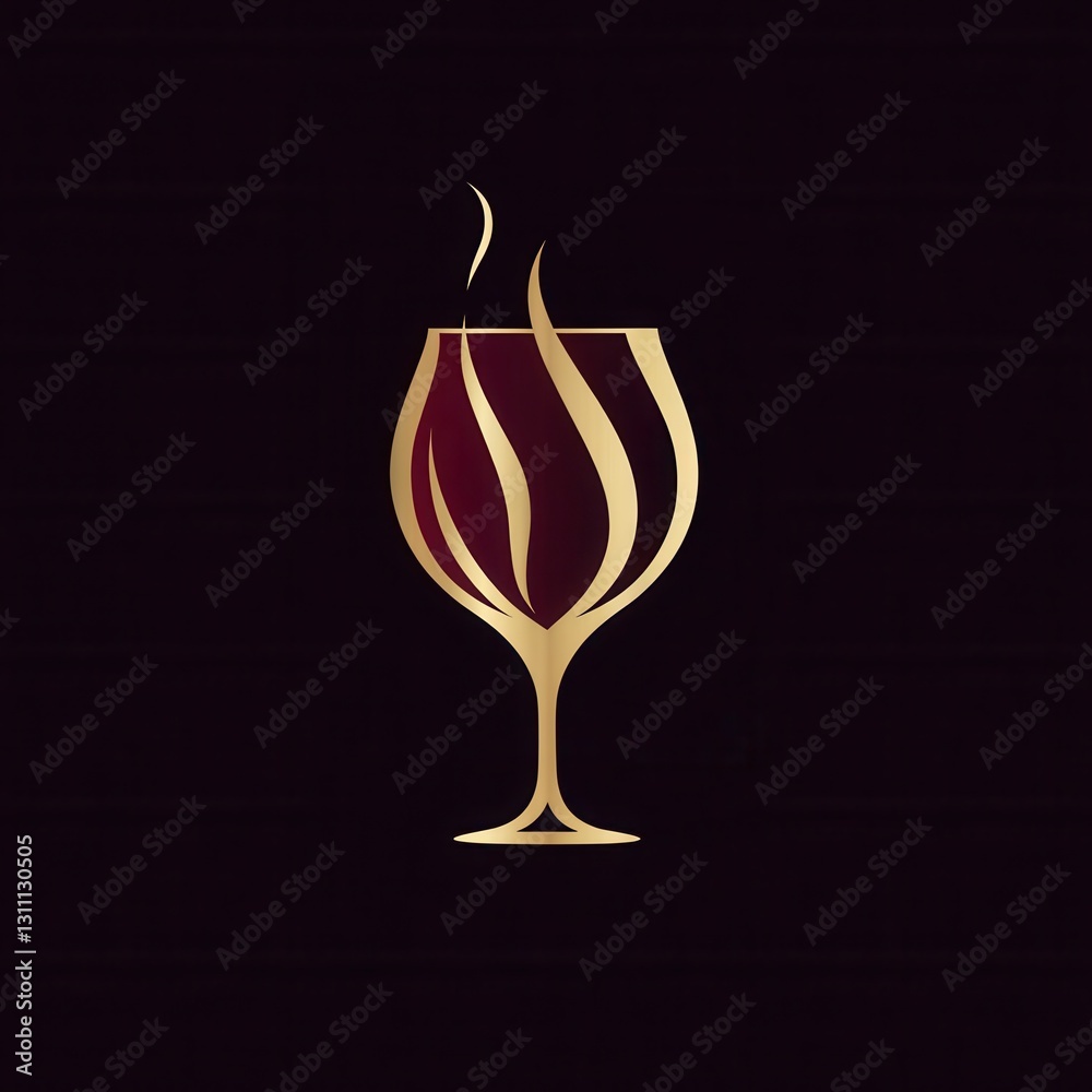 Poster Minimalist wine glass logo featuring abstract lines in deep red and gold, perfect for sophisticated branding and elegant settings