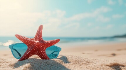 Vibrant Starfish and Sunglasses on Sandy Beach in Summer Sunlight