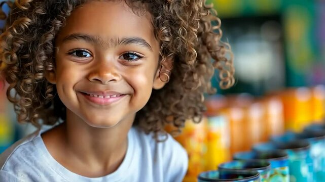 Young girl with curly hair is smiling and holding a bunch of colorful jars. The jars are arranged in a row, and the girl is standing in front of them. Concept of joy and playfulness