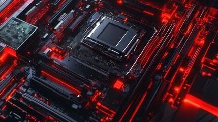 Illuminated electronic circuit board features numerous intricate and detailed components