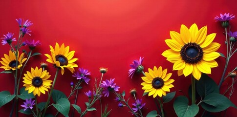 Linear red wallpaper, wild sunflowers, purple Florentine accents, blossom, bloom