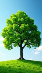 Lone oak tree, vibrant green leaves, sunny day, summer, habitat