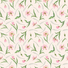 Seamless pattern of pastel pink light bud Tulips and white lily of the valley watercolor illustration isolated on background. Hand drawn delicate spring flowers for spring wedding repeat design