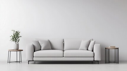 Fototapeta premium A minimalist living room featuring a light gray sofa, two side tables, and a small potted plant against a plain wall.