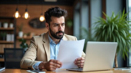 Obraz premium Focused Businessman Reviewing Documents in a Modern Office