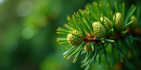 Fototapeta premium Green pine cones on a young pine tree, fresh growth , background, photography, growth