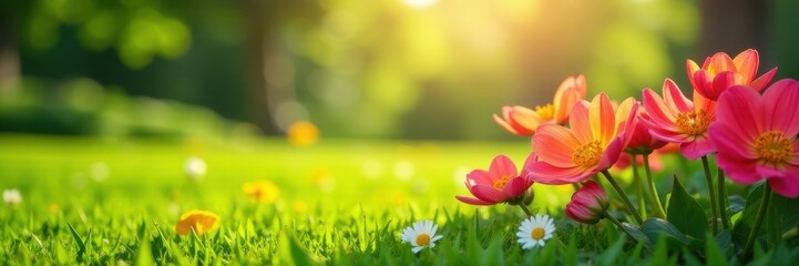 Obraz premium Vibrant blooms burst forth in summer's sun, lush green lawn surrounds , flora, beautiful
