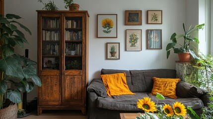 Cozy living room with vintage cabinet and sunflower decor in a bright interior