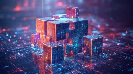 A puzzle being assembled by a team each piece representing a different aspect of their business vision and goals coming together, generative ai. skills.