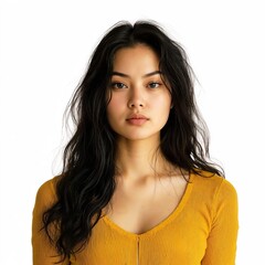 Fototapeta premium Person with warm almond skin, long jet-black hair in a sunflower yellow top with ripples, poised stance, natural radiance, full view, isolated on white background - Generative AI
