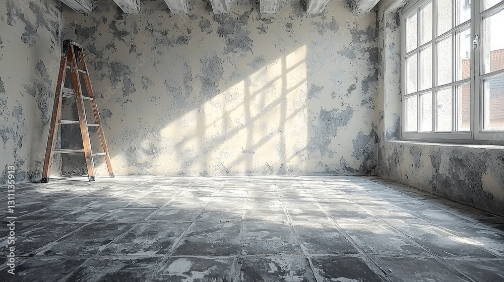 Poster bright, empty room with wooden ladder, showcasing textured walls and tiled floor. sunlight casts sha
