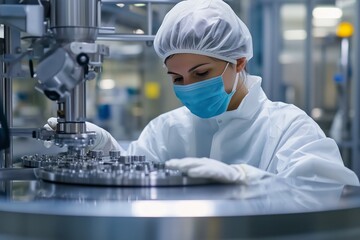 Female employee in protective gear managing production line at a pharmaceutical manufacturing facility in sterile conditions