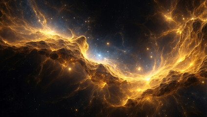 Cloud of Neon Dust in Radiant Gold and White Dispersing in Cosmic Dark Void