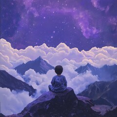 Fototapeta premium A boy sitting on a mountain peak under a dreamy purple starry sky, gazing at the vast universe, symbolizing peace, mindfulness, and the beauty of nature and space