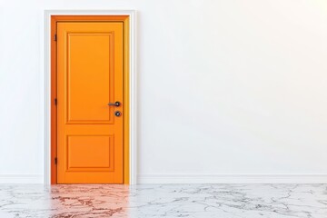 Stark contrast with an isolated orange door against a plain setting.