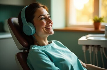 Patient enjoying music during dental check-up in a modern clinic with AI support