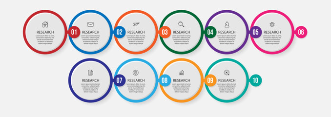 Simple circle infographic business with lines contains 10 steps with different icons. Good for your business presentation