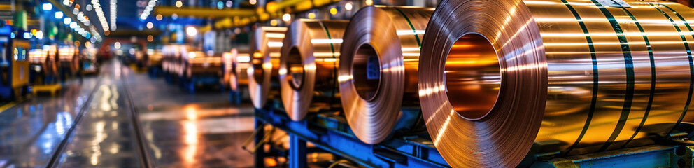 Fototapeta premium Rolls of steel in the factory, rolls of copper and other non-ferrous metals in the factory