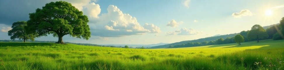 Obraz premium Vast, grassy meadow bordered by ancient trees, landscape, sun, backdrop