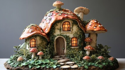 Fototapeta premium Enchanting mushroom cottage with mossy roof and glowing windows