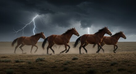 Fototapeta premium Wild Horses Running During Storm with Dramatic Lightning Strikes in Background
