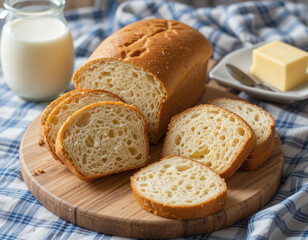 There are slices of fresh white bread on a wooden cutting board, next to a cube of butter and a can of milk. A knife with a wooden handle adds comfort, and a checkered fabric creates an atmosphere 