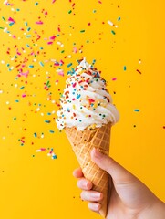 Delicious ice cream cone celebration vibrant yellow background food poster bright environment close-up view festive concept