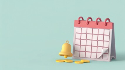 Colorful calendar with bell and coins on pastel background for planning and scheduling activities