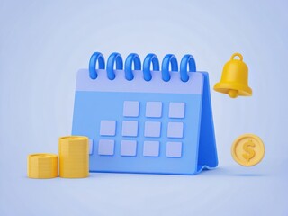 Calendar with Alarm Bell, Coins, and Dollar Symbol on a Soft Background for Financial Planning