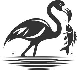 Silhouette of a flamingo with a fish in its beak animal vector
