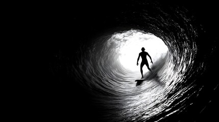 Surfer Silhouette Powerful Wave Ocean Extreme Sport Action