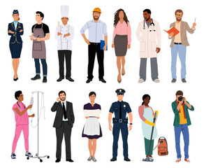 A group of people in various professions, including a chef, a doctor, a police officer, and a flight attendant