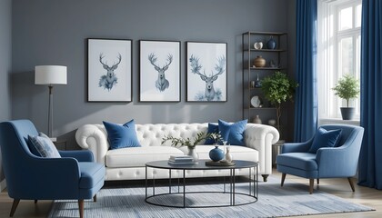 Interior design, living room, Scandinavian style, blue and white color scheme, tufted white leather sofa, blue armchair, grey walls, framed watercolor artwork, deer and floral prints, black picture fr