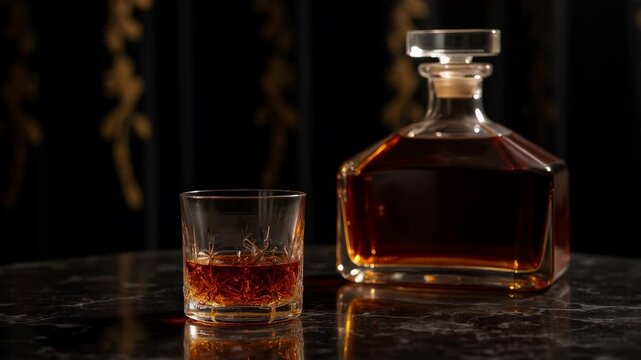 A rich amber cognac is elegantly served in a snifter next to a crystal decanter on a polished marble table in a dimly lit setting. Slow motion