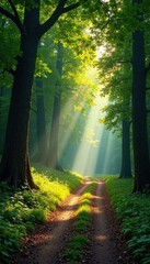 Obraz premium Sun-dappled forest road winds through ancient trees , woodland, path