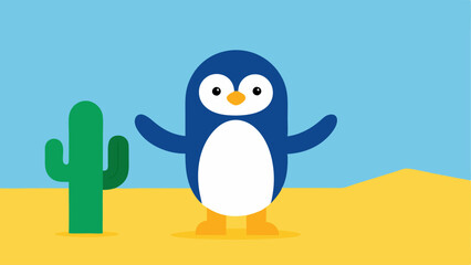 Obraz premium Unexpected Companions A penguin stands with its flippers crossed looking thoughtfully at a cartoonish smiling cactus. The cactus has a few cartoonish arms raised high as if trying