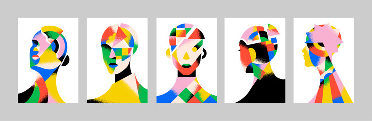 Set of posters with abstract woman faces. Contemporary wall arts with female head silhouettes with geometric shapes. Creative interior decoration, design of home decor. Flat vector illustrations