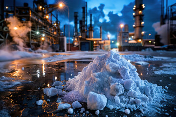 A large pile of ammonium sulfate inside a spacious, dimly lit chemical plant warehouse