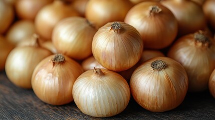 Close-up view of fresh, golden-brown onions piled together in a rustic setting showcasing their natural shine and texture