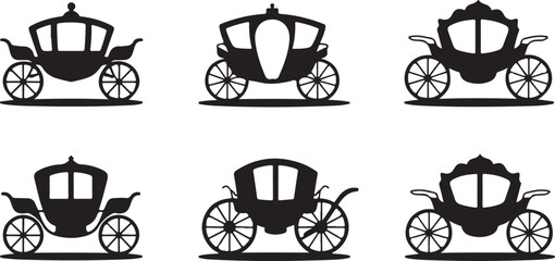 Silhouette vector pack of royal horse-drawn vintage carriages with wheels and window