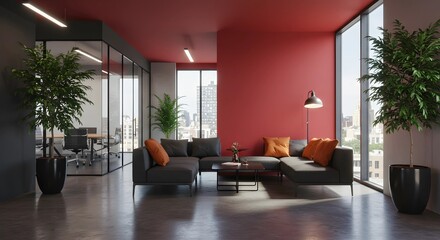 Modern Office Waiting Area with Sofa Seating, Large Windows, and Blank Wall for Mockup Display – 3D Rendering