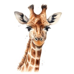 Gentle Giant: A watercolor portrait of a giraffe's head and neck, with its large, expressive eyes, and distinctive patterned skin.  The giraffe looks directly at the viewer.