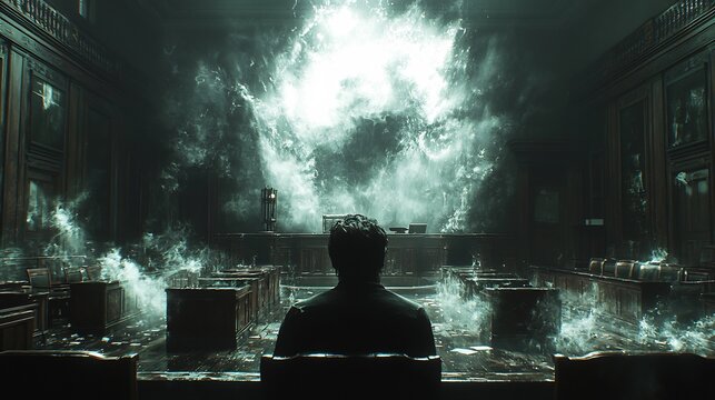 Courtroom scene where the witnesss thoughts are overlaid as fragmented memories some blurry and distorted representing the fallibility of memory