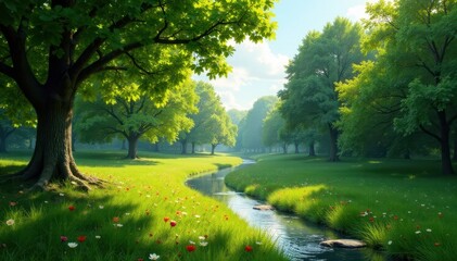 Pair stretches in verdant park, vibrant scene, beautiful, relaxation, joyful