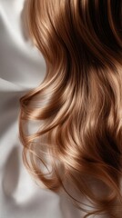 Naklejka premium Beautiful model girl with Brown hair strand,silky healthy chestnut wavy hair strand,hair wavy ribbon, with smooth,Keratin straightening,Treatment,straight long hair,procedures,Smooth hairstyle.