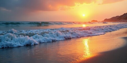 Fototapeta premium Soft wavelets lapping shore, hazy sunrise paints the sky , beach, wave