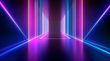 Fototapeta premium Abstract background with neon lines and glowing elements on a black backdrop, empty space for design, holographic light effect, virtual stage. Vector illustration of laser beams in a dark room.