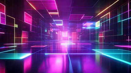 Fototapeta premium Abstract background with neon glowing square shapes on a dark background, a nightclub stage design, a futuristic light show in purple, blue, green, and red colors. 